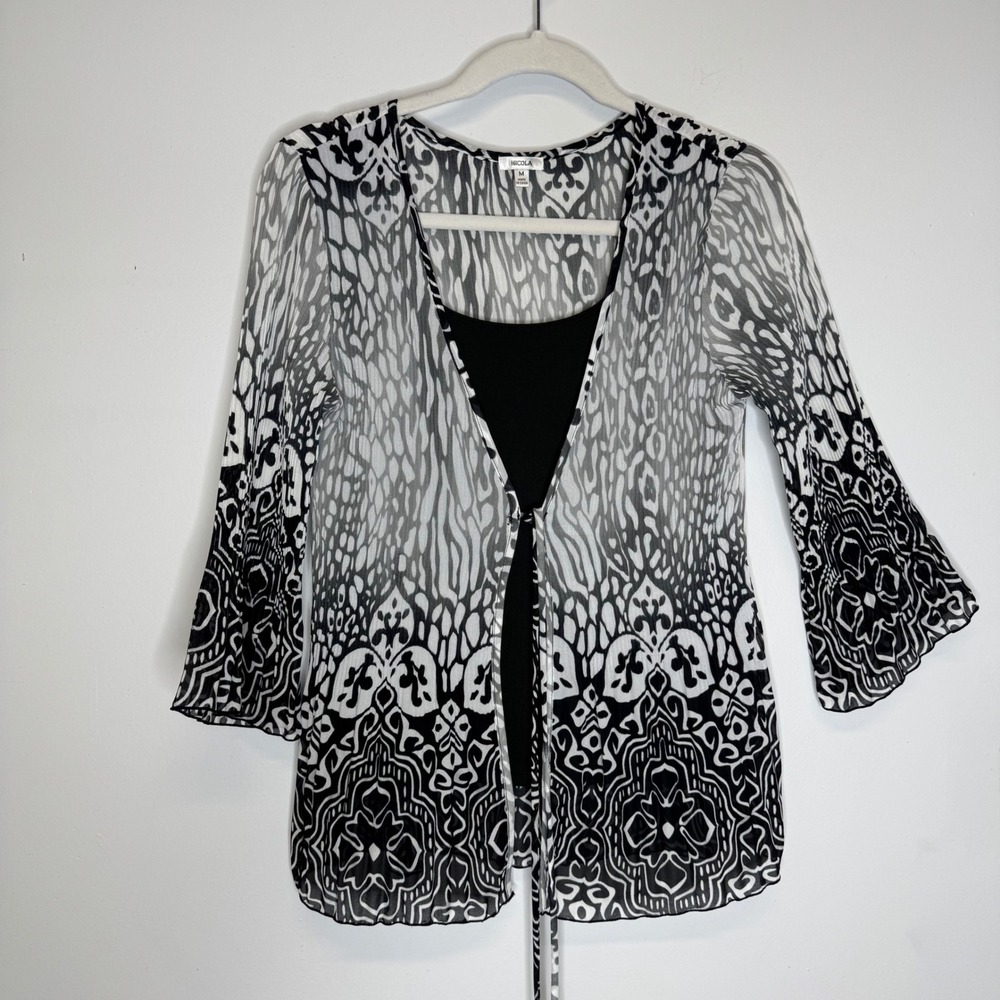 Y2K Whimsigoth Nicola Womens M Black White Pleated Mesh Cardigan Tank